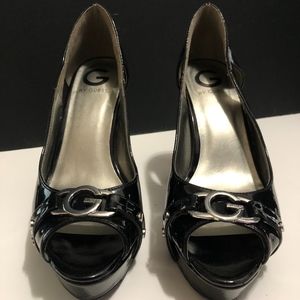 GUESS, Black and Silver Open-Toe Heels